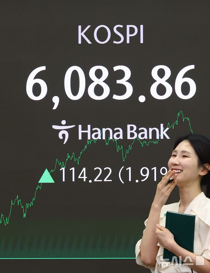 [서울=뉴시스] 황준선 기자 = 코스피가 6083.86에 마감한 25일 오후 서울 중구 하나은행 딜링룸 전광판에 지수가 표시돼 있다. 2026.02.25. hwang@newsis.com