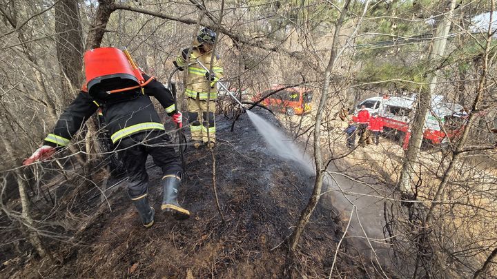 [태안=뉴시스] 26일 오전 10시41분께 충남 태안군 소원면 송현리 산54의3 일원에서 산불이 나 산림당국이 진화에 나서고 있다. (사진=태안소방서 제공) 2026.02.26 photo@newsis.com *재판매 및 DB 금지