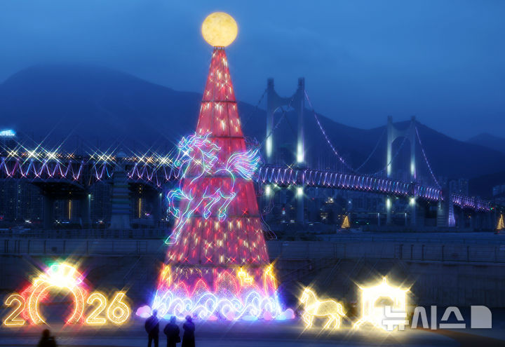 [부산=뉴시스] 하경민 기자 = 26일 부산 남구 용호별빛공원에 설치된 높이 17m의 'LED 달집'이 환하게 불을 밝히고 있다. 부산남구문화재단은 정월대보름인 내달 3일 오후 4~8시 용호별빛공원에서 '2026년 병오년 정월대보름 달맞이축제'를 개최한다다. 축제에서는 LED 달집 점등을 비롯해 청사초롱 만들기, LED 쥐불놀이 만들기, 타로카드 신년 운세 풀이, 두더지 잡기, 줄타기 공연 등 다양한 행사가 진행된다. 2026.02.26. yulnetphoto@newsis.com