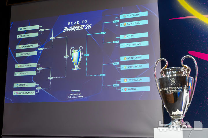 [니옹=AP/뉴시스] 2025~2026시즌 유럽축구연맹(UEFA) 챔피언스리그(UCL) 16강 추첨 결과. 2026.02.27. 