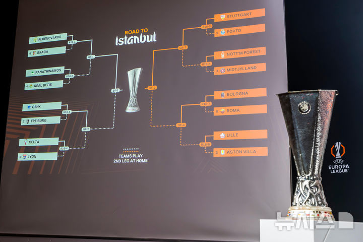 [니옹=AP/뉴시스] 2025~2026시즌 유럽축구연맹(UEFA) 유로파리그(UEL) 16강 추첨 결과. 2026.02.27. 