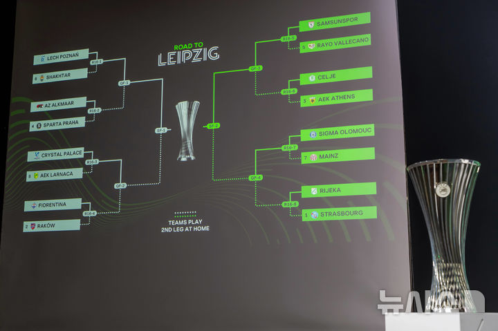 [니옹=AP/뉴시스] 2025~2026시즌 유럽축구연맹(UEFA) 유로파컨퍼런스리그 16강 추첨 결과. 2026.02.27.