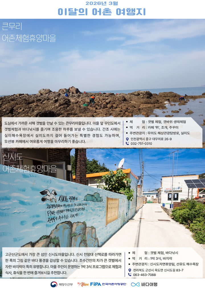 [서울=뉴시스] 3월 이달의 어촌 포스터. 인천 큰무리마을, 군산 신시도마을. (사진=해양수산부 제공) 2026.03.02. photo@newsis.com *재판매 및 DB 금지