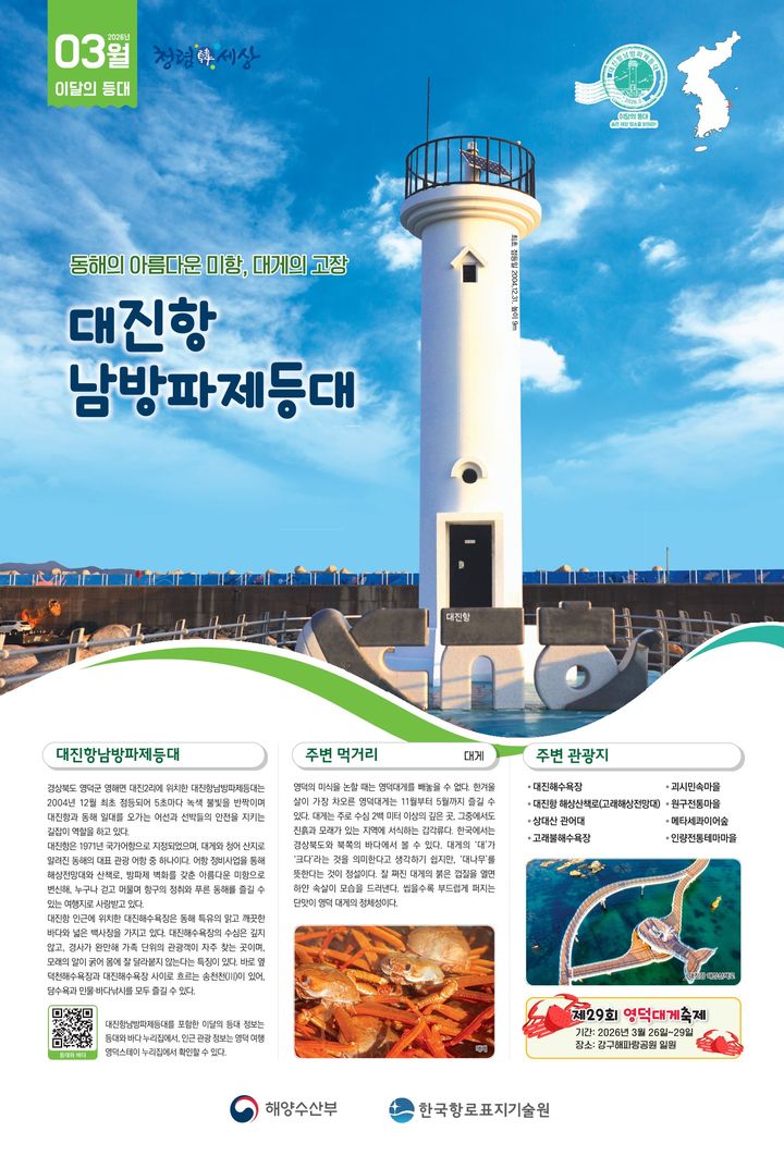 [서울=뉴시스] 3월 이달의 등대 대진항 남방파제 등대. (사진=해양수산부 제공) 2026.03.02. photo@newsis.com *재판매 및 DB 금지