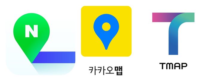 [서울=뉴시스] (왼쪽부터) 네이버 지도, 카카오맵, 티맵 로고. (사진=각 사 제공) *재판매 및 DB 금지