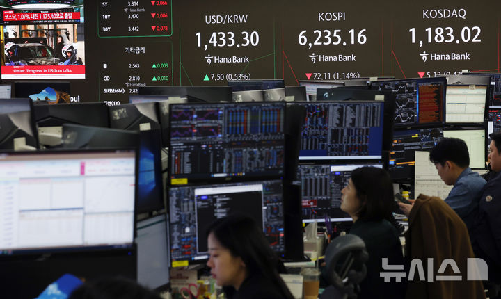 [서울=뉴시스] 지난달 27일 서울 중구 하나은행 딜링룸에서 딜러들이 업무를 보고 있다.중동 사태에 세계 경제가 흔들리고 있다. 걸프 지역과 유럽은 에너지 공급난에 타격을 입는 반면, 중국과 러시아는 상대적으로 분쟁 지역과 떨어져 있어 반사 이익을 얻을 수 있다는 분석이 나온다. 2026.03.12.