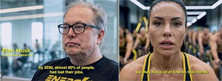 [뉴시스]미래에 일자리를 잃은 사람들이 전기 자전거를 타며 AI 서버 동력을 만드는 설정의 광고가 나왔다. (사진 = AiCandy 인스타그램 캡처) *재판매 및 DB 금지