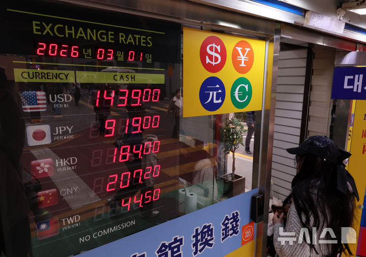 [서울=뉴시스] 이영환 기자 = 미국의 이란 공습으로 안전 자산인 달러의 가치가 급격하게 오르며 환율이 뛸 수 있다는 전망이 나온 1일 오후 서울 중구 명동의 환전소에 원·달러 환율 등이 표시되어 있다. 2026.03.01. 20hwan@newsis.com