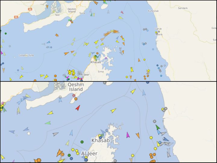 [서울=뉴시스] 위쪽부터 지난 1일(한국시각) 오전 10시40분 및 2일 오후 1시30분 현재 호르무즈 해협 상황. 해협을 오가는 선박 수가 확연히 줄어든 모습. (사진=베셀파인더 화면 캡처) 2026.03.02 photo@newsis.com *재판매 및 DB 금지 *재판매 및 DB 금지
