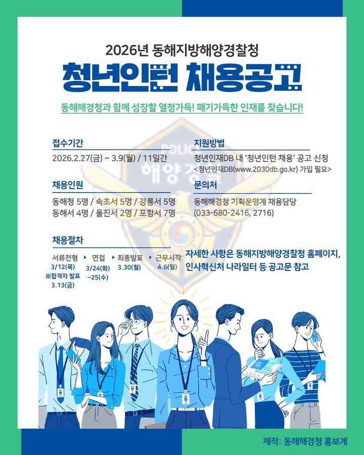 동해해양경찰청, "청년 인턴 채용합니다"…총 28명 선발