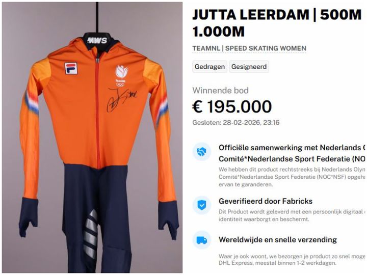 [뉴시스] 2026 밀라노·코르티나담페초 동계 올림픽 스피드스케이팅 여자 1000m 금메달리스트 유타 레이르담(네덜란드)이 실제 경기에서 착용한 유니폼이 약 3억3000만원에 낙찰됐다. (사진=유니폼 전문 경매 플랫폼 '매치원셔츠' 캡처) *재판매 및 DB 금지