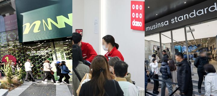 [서울=뉴시스] 외국인 관광객들의 필수 쇼핑 관광 코스로 부상한 올리브영(왼쪽), 다이소(가운데), 무신사. *재판매 및 DB 금지