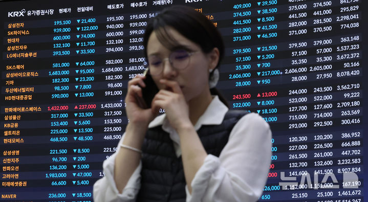[서울=뉴시스] 이영환 기자 = 미국·이스라엘의 이란 공습 여파에 코스피와 코스닥이 급락한 3일 오후 서울 여의도 한국거래소 홍보관에 삼성전자, SK하이닉스 등의 종가가 표시되고 있다.이날 코스피는 전 거래일(6244.13)보다 452.22포인트(7.24%) 하락한 5791.91, 코스닥 지수는 전 거래일(1192.78)보다 55.08포인트(4.62%) 내린 1137.70에 마쳤다. 서울 외환시장에서 원·달러 환율은 전 거래일(1439.7원)보다 26.4원 오른 1466.1원에 주간 거래를 마감했다. 2026.03.03. 20hwan@newsis.com