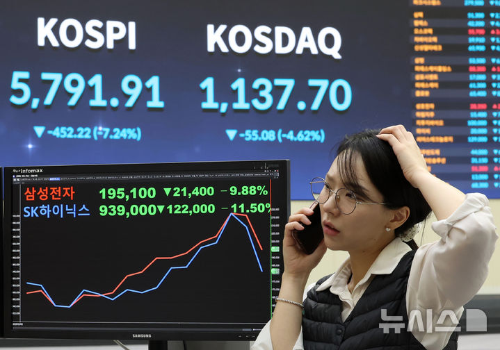 [서울=뉴시스] 이영환 기자 = 미국·이스라엘의 이란 공습 여파에 코스피와 코스닥이 급락한 3일 오후 서울 여의도 한국거래소 홍보관에 삼성전자와 SK하이닉스 종가가 표시되고 있다. 이날 삼성전자와 SK하이닉스는 각각 9.88%, 11.5% 하락하면서 20만원대와 100만원대 주가가 깨졌다. 2026.03.03. 20hwan@newsis.com