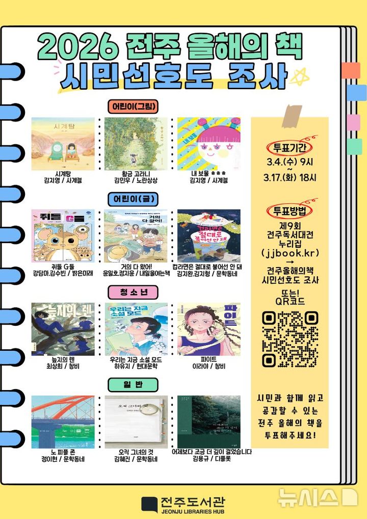 [전주=뉴시스]윤난슬 기자 = 전북 전주시는 2026년 한 해 동안 시민들과 함께 읽고 공감할 '2026 전주 올해의 책' 선정을 위한 온라인 시민 선호도 조사를 실시한다고 4일 밝혔다. (사진=전주시 제공) photo@newsis.com 