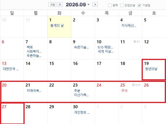 [뉴시스] 9월 24일부터 28일까지 이어지는 추석 연휴를 중심으로 앞선 평일 3일에 연차를 더할 경우 주말까지 포함해 최대 9일 안팎의 휴식이 가능하다. (사진=네이버달력 캡처) *재판매 및 DB 금지