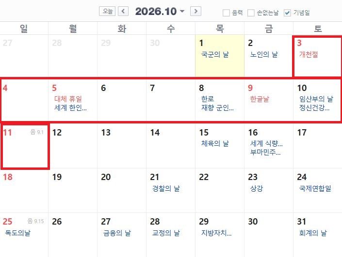 [뉴시스] 개천절 대체공휴일(10월5일)과 한글날(10월9일) 사이에 연차를 배치하면 9일 연속 휴식이 가능하다. (사진=네이버달력 캡처) *재판매 및 DB 금지