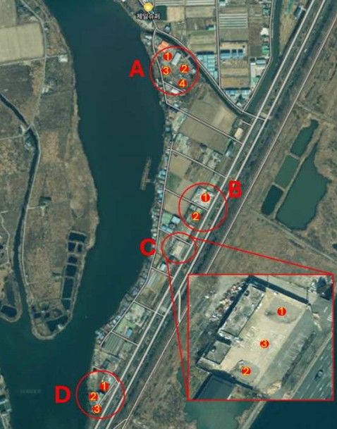 [부산=뉴시스] 부산 강서구 에코델타시티 3단계 사업 부지 내 생태공원 조성 예정지를 대상으로 한 토양 오염 조사 지점도. 한국수자원공사가 해당 용지 내 12개 지점을 대상으로 기초 조사를 실시한 결과 A-2, A-4, C-3 등 3개 지점에서 기준치를 초과한 오염토가 검출됐다. (사진=한국수자원공사 제공) 2026.03.04. photo@newsis.com