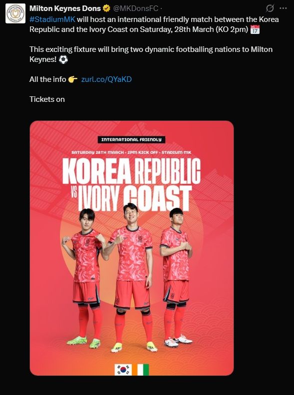 [서울=뉴시스] 홍명보호, 오는 3월28일 오후 11시 영국 밀턴 킨스의 MK 스타디움에서 코트디부아르와 3월 A매치. (사진=MK 돈스 SNS 캡처) 2026.03.04. photo@newsis.com *재판매 및 DB 금지