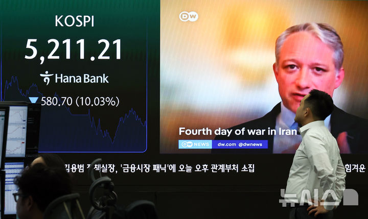 [서울=뉴시스] 최진석 기자 = 이란 사태 여파로 코스피가 장중 10% 넘는 하락률을 기록한 4일 서울 중구 하나은행 딜링룸에 코스피 시세가 보이고 있다. 2026.03.04. myjs@newsis.com