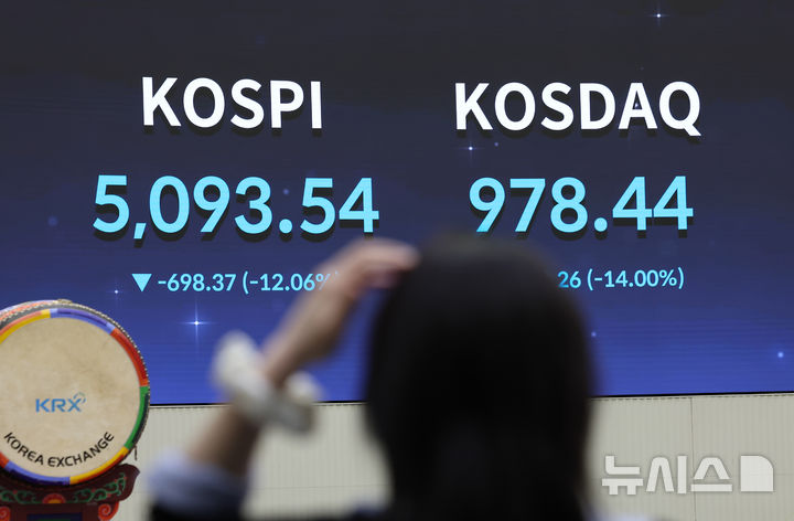 [서울=뉴시스] 조성우 기자 = 미국과 이스라엘의 이란 공습 여파로 국내 증시가 급락한 4일 오후 서울 여의도 한국거래소 홍보관 전광판에 코스피와 코스닥 지수가 표시되고 있다. 2026.03.04. xconfind@newsis.com