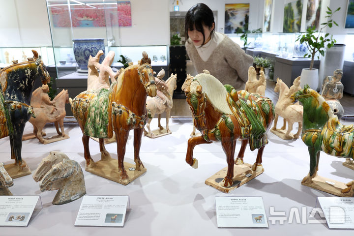 [서울=뉴시스] 박진희 기자 = 다보성갤러리는 말(馬)을 주제로 한 소장 유물 특별전 ‘내 말 좀 들어봐 말馬들의 이야기’ 언론공개회를 4일 서울 종로구 다보성갤러리에서 갖고 중국 '당삼채 마용'을 비롯한 유물들을 선보이고 있다. 이번 전시는 갤러리가 소장한 유물 가운데 말 형상을 중심으로 선별한 작품들을 통해 중국 미술과 문화 속에서 말이 지닌 상징과 의미를 조명한다. 2026.03.04. pak7130@newsis.com