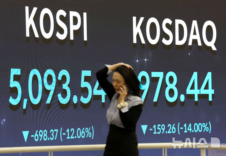 [서울=뉴시스] 조성우 기자 = 미국과 이스라엘의 이란 공습 여파로 국내 증시가 급락한 4일 오후 서울 여의도 한국거래소 홍보관 전광판에 코스피와 코스닥 지수 종가가 표시되고 있다.이날 코스피는 전 거래일(5791.91)보다 698.37포인트(12.06%) 하락한 5093.54에 마감했다. 코스닥 지수는 전 거래일(1137.70)보다 159.26포인트(14.00%) 내린 978.44에 마쳤다. 원·달러 환율은 전 거래일(1466.1원)보다 10.1원 오른 1476.2원에 주간 거래를 마감했다. 2026.03.04. xconfind@newsis.com