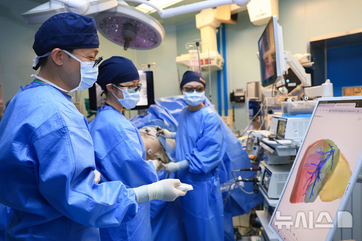 [서울=뉴시스] 유진수 삼성서울병원 이식외과 교수(왼쪽)가 인공지능(AI) 기반 3D 수술 계획 플랫폼 리버라이즈(Liveraiz)를 활용해 간이식 환자의 수술 과정을 의료진과 상의 하고 있다. (사진= 삼성서울병원 제공)