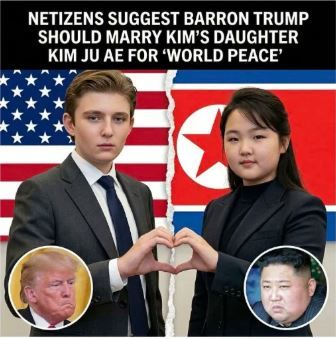 [뉴시스] 온라인상에서 세계 평화를 명분으로 확산 중인 배런 트럼프와 김주애의 가상 합성 사진. (사진=X 캡처) *재판매 및 DB 금지