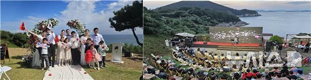 [거제·통영=뉴시스]'웨딩·휴양섬' 거제 지심도(왼쪽)와 '영화의 섬‘ 통영 추도의 제2회 추도섬 영화제 모습.(사진=경남도 제공)