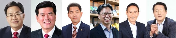 [영양=뉴시스] 영양군수 선거 출마자들. 왼쪽부터 오도창 영양군수, 권영택 전 군수, 김석현 영양군의원, 김병곤 전 경북도 문화관광체육국장, 김상훈 민주당 경북도당 사회적경제위원장, 이갑형 전 영양경찰서장. 2026.03.05. photo@newsis.com *재판매 및 DB 금지