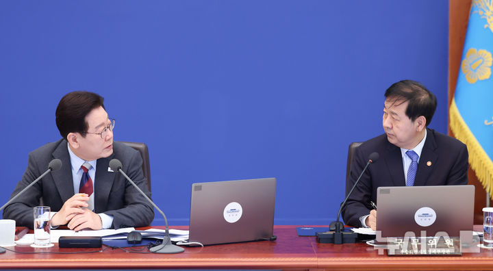 [서울=뉴시스] 최동준 기자 = 이재명 대통령이 5일 청와대에서 열린 임시 국무회의에서 발언하고 있다. 오른쪽은 구윤철 부총리 겸 재정경제부 장관. 2026.03.05. photocdj@newsis.com