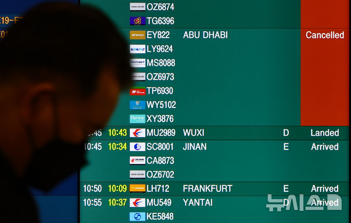 [인천공항=뉴시스] 황준선 기자 = 미국·이스라엘과 이란의 군사 충돌 여파로 중동 지역 항공편 차질이 이어지고 있는 5일 인천국제공항 1터미널 도착층 전광판에 아부 다비 발 항공편의 결항이 안내되고 있다. 2026.03.05. hwang@newsis.com