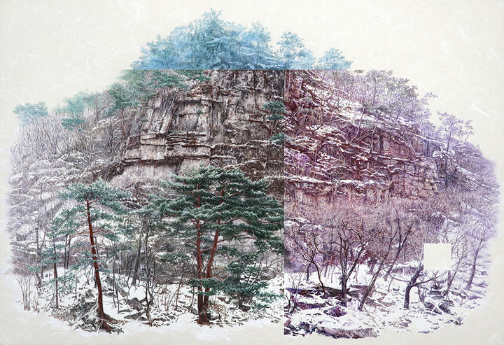 김형욱-선암계곡 겨울2. 50x72.7cm(20호). 천 한지(한지+천)에 먹,호분,아크릴릭. 2026 *재판매 및 DB 금지