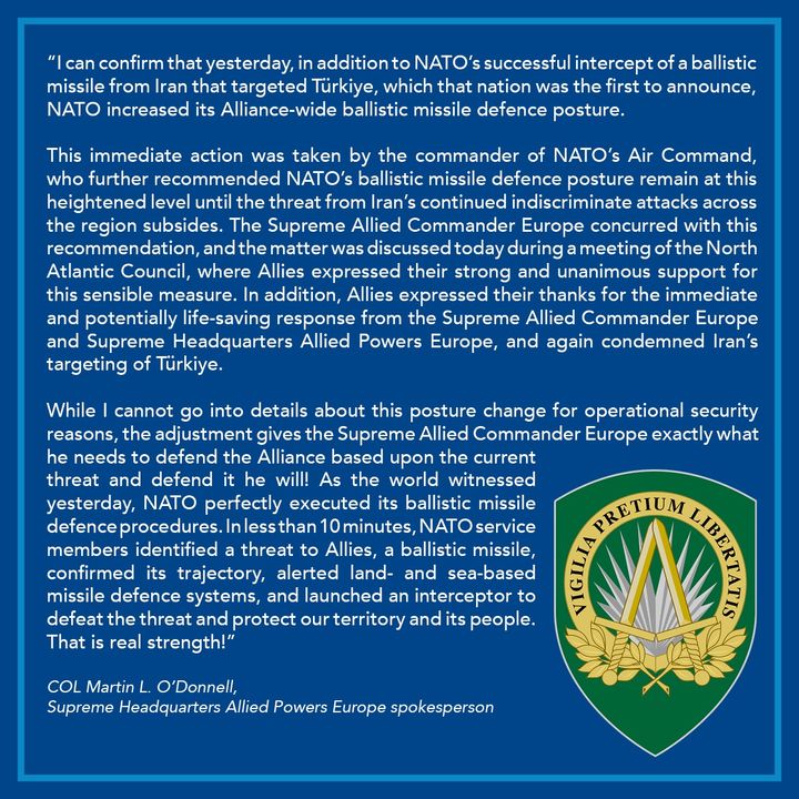 [서울=뉴시스] 마틴 오도넬 나토 유럽연합군 최고사령부(SHAPE) 대변인은 이날 소셜미디어 엑스(X·옛 트위터)에 "이란이 역내를 향해 무차별 공격을 계속하는 위협이 가라앉을 때까지 나토 탄도미사일 방어 태세를 현재 격상된 수준으로 유지할 것"이라고 밝혔다. (사진 = SHAPE 엑스 계정 갈무리) 2026.03.06 photo@newsis.com *재판매 및 DB 금지