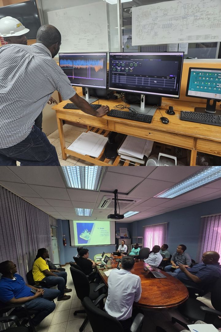 [울산=뉴시스] 자메이카전력공사(JPS) 엔지니어가 인공지능 예측경보시스템을 활용해 설비를 감시하고 있는 모습과 JPS 경영진 및 엔지니어 대상 시스템 구축 업무협의를 진행하고 있는 모습. (사진=한국동서발전 제공) 2026.03.06. photo@newsis.com *재판매 및 DB 금지