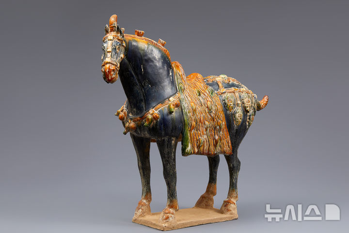 [서울=뉴시스] 박진희 기자 = 당삼채 마용(618~907). 청색, 갈색, 녹색의 유약을 시유한 당삼채(唐三彩) 마용(馬俑)이다. 말의 표정과 자세가 사실적으로 표현되었으며, 화려한 마구로 보아 의장용 말로 추정된다. 살아있는 말을 대신하여 부장하기 위해 만든 도용으로, 당나라의 사후 세계관을 반영한다. (사진= 다보성갤러리 제공) 2026.03.06. photo@newsis.com