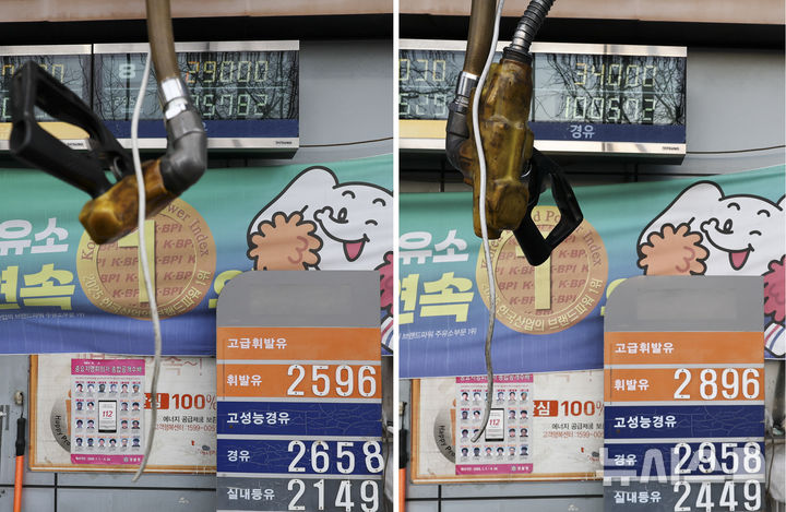 [서울=뉴시스] 김근수 기자 = 미국과 이스라엘의 이란 공습으로 촉발된 중동 정세 불안 여파가 이어져 서울 일부 주유소에서 경유 가격이 휘발유 가격을 웃도는 ‘가격 역전’ 현상이 나타난 6일 오후 서울 시내의 한 주유소 가격표에 경유 가격과 휘발유 가격이 표시돼 있다.사진 왼쪽은 지난 4일 휘발유와 경유가격과 오른쪽은 6일 가격. 2026.03.06. ks@newsis.com