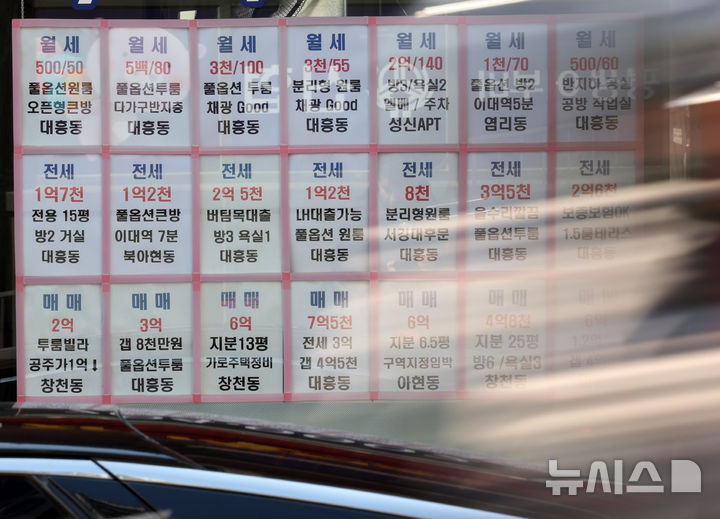 [서울=뉴시스] 배훈식 기자 = 1월 서울 아파트 평균 월세가격 150만4000원으로 최고치를 경신한 8일 오전 서울 마포구의 한 공인중개사 사무실에 100원 대 월세 매물이 붙어 있다. 한국부동산원이 발표한 월세가격지수 104.59는 2015년 통계 작성 이후 가장 높은 수준을 나타냈다. 2026.03.08. dahora83@newsis.com