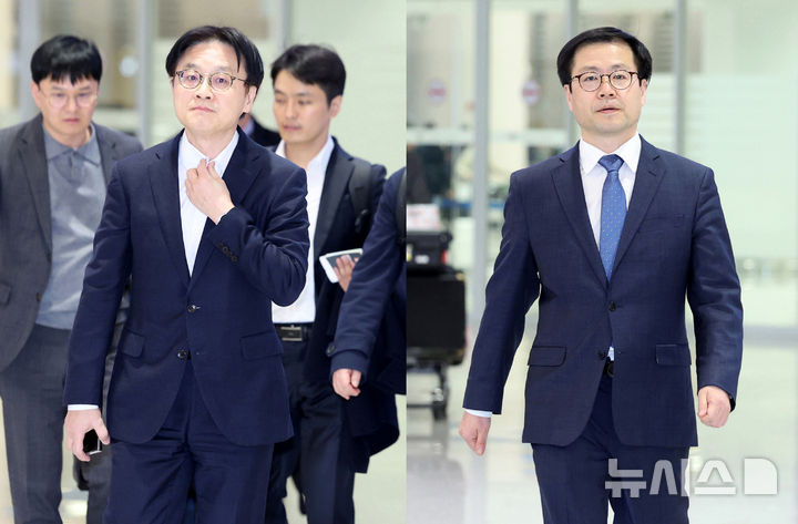 [인천공항=뉴시스] 김진아 기자 = 한미 관세합의 이행 등 통상 현안 협의를 위해 미국을 방문한 산업통상부 김정관(왼쪽) 장관과 여한구 통상교섭본부장이 8일 인천국제공항 제2터미널을 통해 귀국하고 있다. 2026.03.08. bluesoda@newsis.com