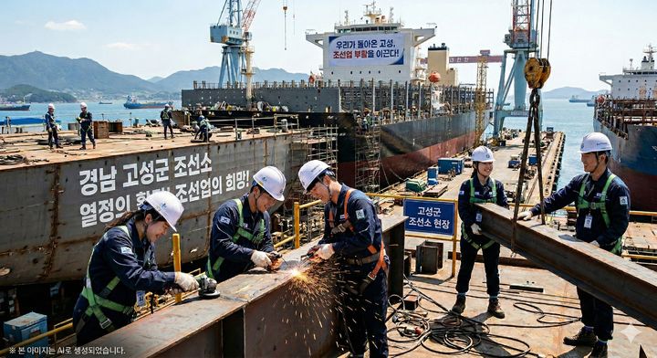 [고성(경남)=뉴시스] 신정철 기자= 경남 고성군은 조선업 인력난 해소와 신규 취업자의 지역 정착을 돕기 위해 '2026년 조선업 신규 취업자 이주정착비'와 조선사 기숙사 리모델링비 지원사업을 추진한다고 9일 밝혔다.사진은 조선업 신규 취업자 지역정착을 위한 AI생성 이미지.(사진=고성군 제공),2026.03.09. photo@newsis.com *재판매 및 DB 금지