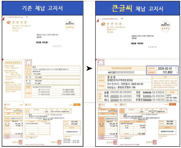 [천안=뉴시스] 천안시가 세외수입 고지서를 3월부터 큰 글씨로 개편한다고 밝혔다. (사진=천안시 제공) 2026.03.09 photo@newsis.com *재판매 및 DB 금지