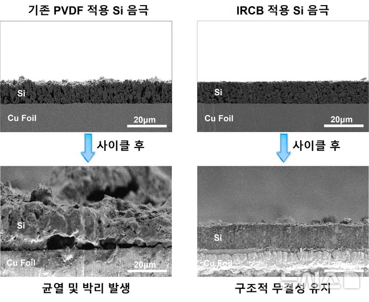 [성남=뉴시스]전고체전지 실리콘 음극의 사이클 이후 구조 변화를 보여주는 주사전자 현미경 사진(사진=가천대 제공)2026.03.09.photo@newsis.com