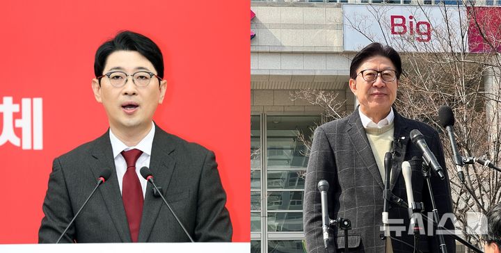 [부산=뉴시스] 원동화 기자 = 9일 나란히 부산시장 출마를 선언한 국민의힘 주진우(부산 해운대구갑, 왼쪽) 국회의원과 박형준 부산시장. 2026.03.09. dhwon@newsis.com 