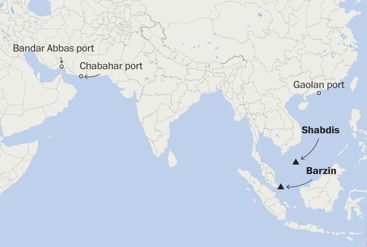 [서울=뉴시스] 전략물자를 선적한 것으로 추정되는 제재 대상 두 이란 이란의 출항 항구와 현재 위치, 도착 목적지인 이란의 두 항구 등의 위치.(출처: WP) 2026.03.09. *재판매 및 DB 금지