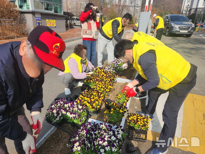 [안양=뉴시스] 치매환자와 주민들이 봄꽃을 식재하고 있다. (사진=안양시 제공) 2026.03.09. photo@newsis.com 