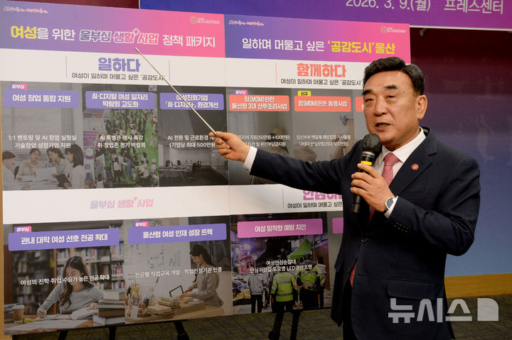 [울산=뉴시스] 배병수 기자 = 김두겸 울산시장이 9일 오전 시청 프레스센터에서 기자회견을 열고 울부심 생활 플러스 여성분야 사업을 발표하고 있다. 2026.03.09. bbs@newsis.com.