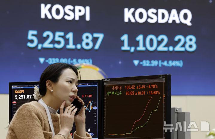 [서울=뉴시스] 김혜진 기자 = 미국과 이스라엘의 이란 공습에 따른 중동 정세 불안 여파로 국제 유가의 기준점 역할을 하는 브렌트유와 서부텍사스산원유(WTI)가 모두 배럴당 100달러를 넘긴 9일 오후 서울 영등포구 한국거래소 전광판에 서부텍사스산중질유(WTI), 브렌트유, 두바이유 선물 가격이 표시되고 있다. 2026.03.09. jini@newsis.com