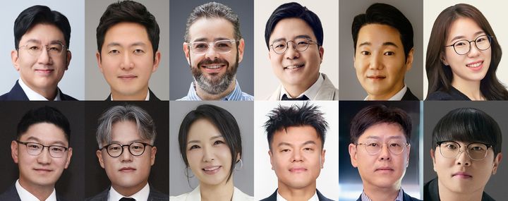 [서울=뉴시스] 왼쪽부터 시계 방향으로 방시혁 하이브 의장, 이재상 하이브 대표이사, 아이작 리 하이브아메리카 의장 겸 CEO, 김태호 하이브 COO, 한현록 하이브재팬 대표이사, 오유진 하이브 쓰리식스티 사업대표, 장윤중 카카오엔터테인먼트 공동대표, 정욱 JYP엔터테인먼트 대표이사(CEO), 박진영 JYP 창의성 총괄 책임자(CCO), 최정민 SM엔터테인먼트 CGO, SM 장철혁 공통대표, 탁영준 SM 공동대표. (사진 = 하이브, 카카오엔터, JYP엔터테인먼트, SM엔터테인먼트 제공) 2026.03.10. photo@newsis.com *재판매 및 DB 금지