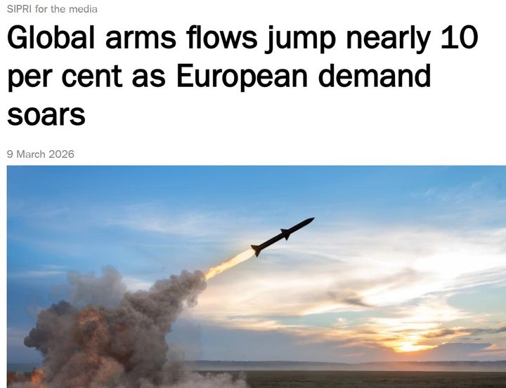 [서울=뉴시스] 스웨덴 스톡홀름 국제평화연구소(SIPRI)가 9일 발표한 지난 5년 세계 무기 거래 보고서.(출처: SIPRI 홈페이지) 2026.03.10. *재판매 및 DB 금지